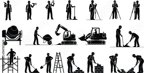 Construction site silhouette set with workers, heavy machinery, excavators, cement mixers and surveyors for industrial building development, engineering and masonry projects