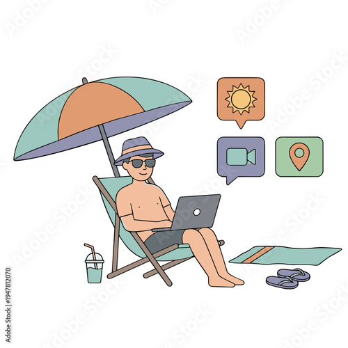 Man relaxes on beach chair under umbrella with laptop and sun hat