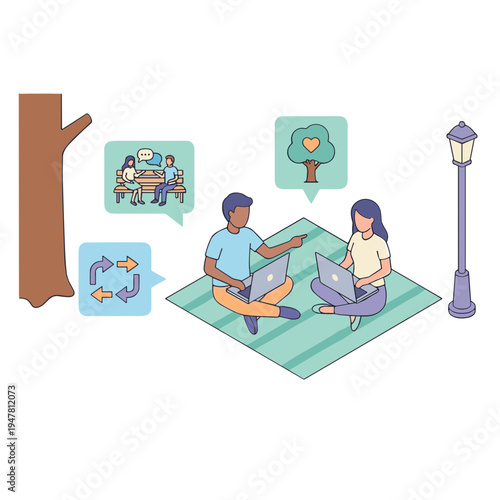 Two people sitting on a green mat outdoors with laptops discussing