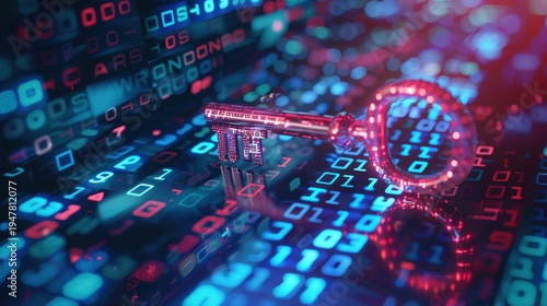 glowing red key rests on futuristic digital background of binary code and data streams