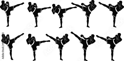 Martial Artist High Kick Silhouette Icon Set in Dynamic Poses, Vector Illustrations for Sports, Combat Training, and Fitness Designs