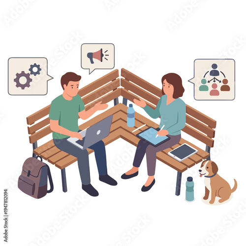 Two coworkers collaborating on laptops outdoors with a dog nearby