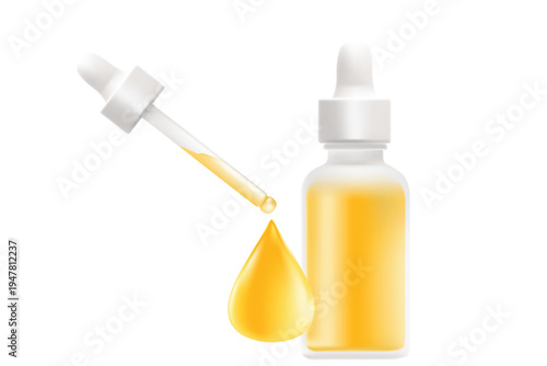 Cosmetic serum dropper mockup, product packaging floating design, clean white mat clear glass, nude gray glowing cap. Beauty spa liquid yellow droplet isolated, transparent background.