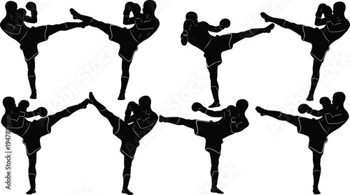 Martial Artist Silhouette Icon Set with High Kick Poses, Vector Illustrations for Sports, Fitness, and Combat Training Designs