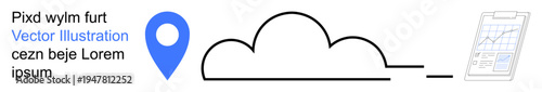 Cloud computing, data storage, location services, analytics, information sharing, technology integration. Minimal cloud line art with map marker and mobile graph icon. Cloud computing and analytics
