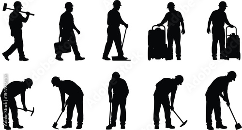 Construction workers silhouette set with laborers using tools, shovels, sledgehammer and manual equipment for industrial site development, engineering projects and building work