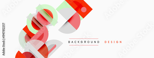 Abstract geometric shapes overlap, creating dynamic visual effect. Red, green, gray hues dominate white background. Minimalist design.