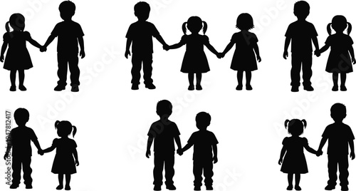 Silhouette Icon Set of Children Holding Hands in Different Poses, Vector Illustrations for Friendship, Unity, and Family Themes