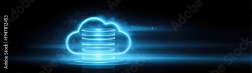 Glowing Blue Cloud Computing Symbol with Data Streams on Dark Background.