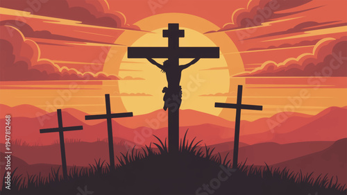 Crucifixion scene with three crosses on hill at sunset symbolizing sacrifice and faith