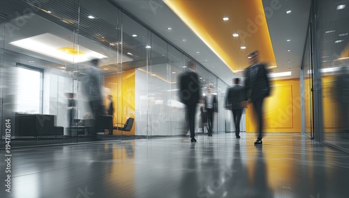 Blurred figures of business people walking in a modern office hallway with yellow accents.
