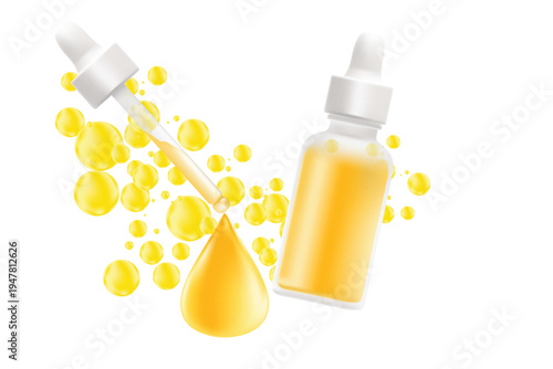 Cosmetic serum dropper mockup, product packaging floating design, clean white mat clear glass, nude gray glowing cap. Beauty spa liquid yellow droplet isolated, transparent background.