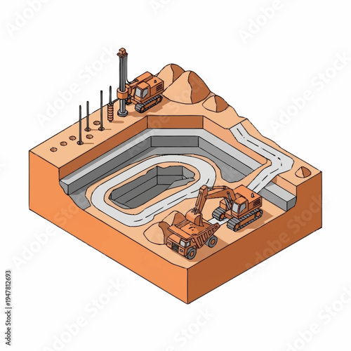 Isometric illustration of an open-pit mine with heavy machinery, including a drill, excavator, and dump truck, showing the process of extracting resources from the earth.