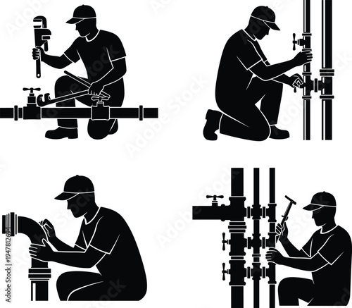 Plumber silhouette set with professional workers repairing water pipes and valves using wrench tools for industrial maintenance, residential plumbing and engineering