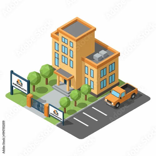 Isometric illustration of a school building with a car parked outside and signage at the entrance.