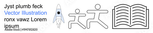 Education, exploration, fitness, movement, learning, creative thinking. Minimalist black line art of a rocket, two running figures and an open book. Education and exploration concept