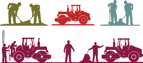 Road construction site silhouette set with steam rollers, workers digging with shovels and heavy machinery for industrial urban development engineering projects