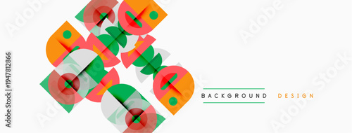 Abstract geometric shapes overlap, creating dynamic visual texture. Colors include red, green, blue, orange, gray. Minimalist design.