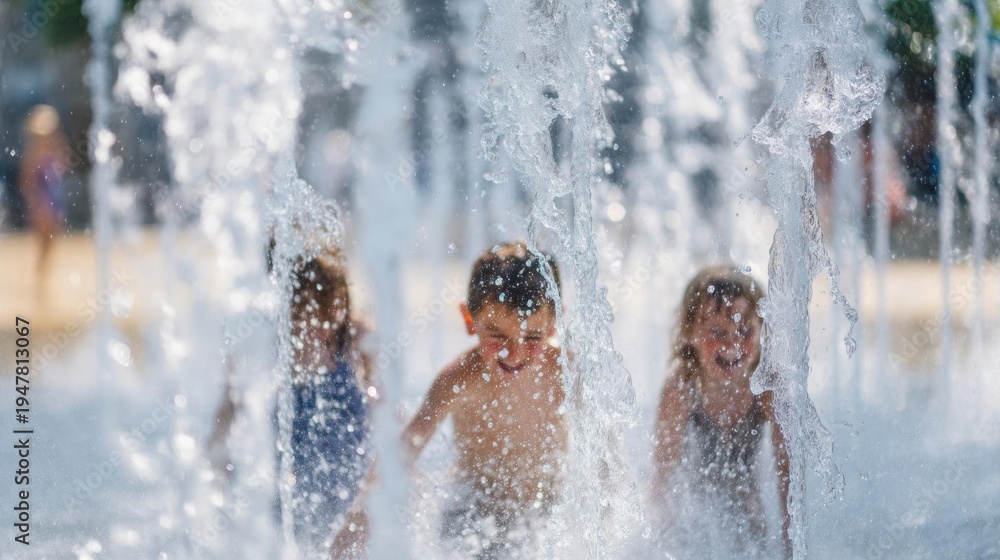 Fototapeta premium Three children playing in a water fountain. the fountain is in the center of the image and the children are splashing around in the water.