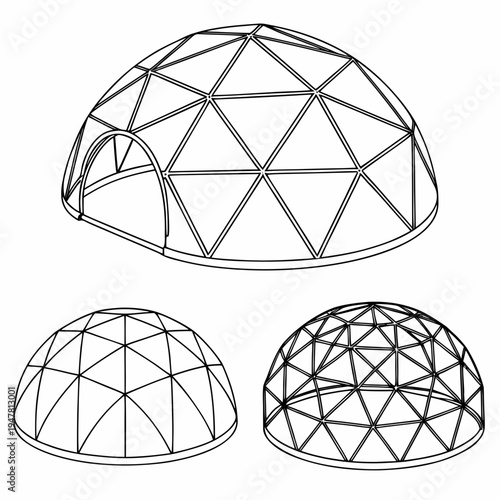 Vector illustration icons of geodesic dome structures in various stages of complexity on a white background