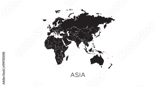 World map silhouette showing continents including Asia and Africa with country borders, presented in black on a white background.