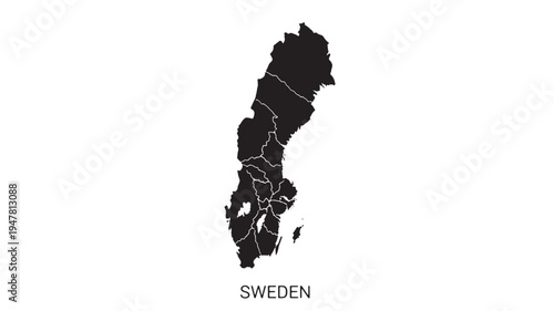Sweden map silhouette with internal regional borders highlighted in white against a clean white background with the country name below.
