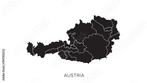 Map of Austria showing its internal borders divided into regions for geographical context and representation