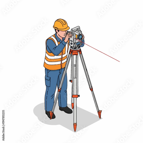 Surveyor using a theodolite on a tripod, wearing safety gear.