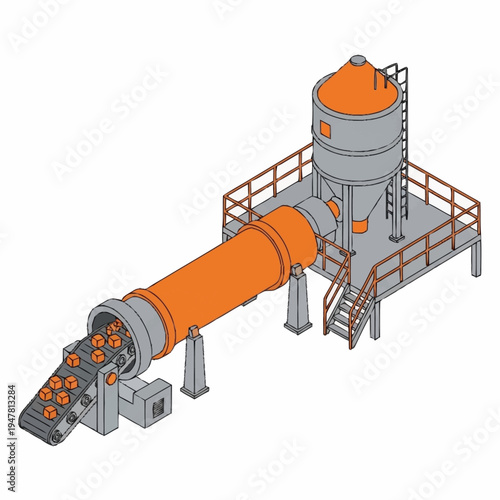 Isometric illustration of an industrial rotary dryer system with conveyor belt and cyclone separator.