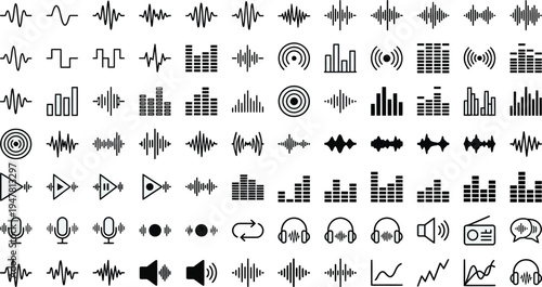 Sound waves mega set in flat graphic design. Collection elements of abstract black line music volume and audio lines, tune equalizer visualisation, voice frequency signal symbol. Vector 
