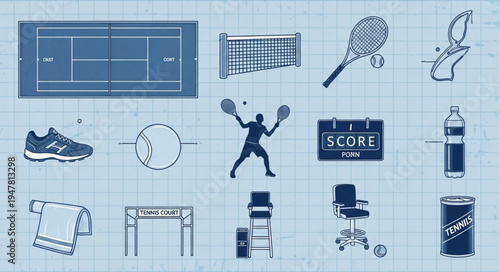 Pickleball equipment and accessories arranged on a grid background.