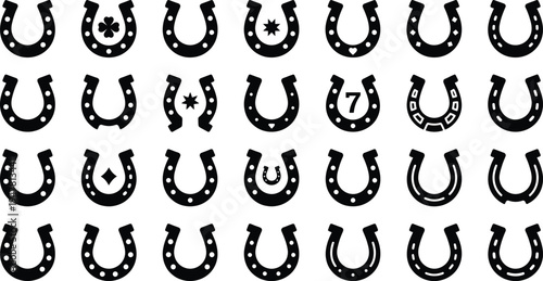 Horseshoe icons set. Black silhouettes of horseshoes on white background. Lucky horseshoe symbols collection 
