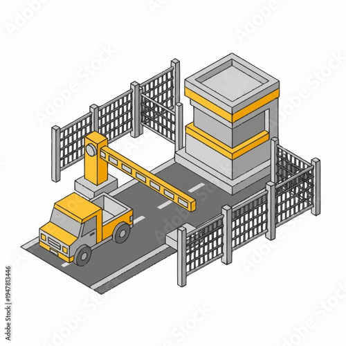 Isometric illustration of a security checkpoint with a guard booth, gate, fence, and a yellow pickup truck.