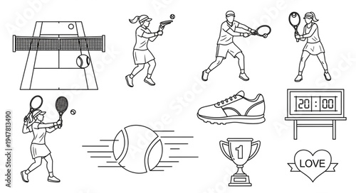 Tennis Sketch Collection - Players, Equipment, and Game Elements.