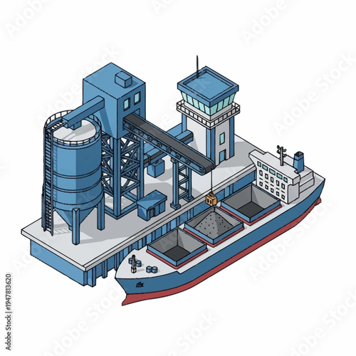 Isometric illustration of a cargo ship being loaded at a port facility.