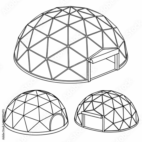 Vector illustration icons of geodesic dome structures in various stages of complexity on a white background