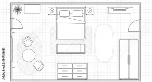 Detailed Bedroom Layout Plan with Furniture Arrangement and Design.
