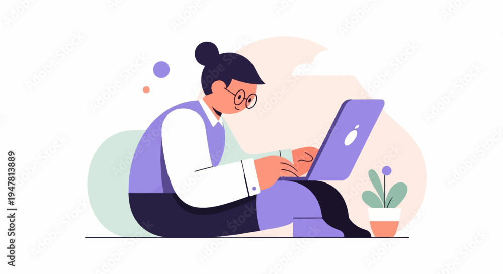 Obraz premium Person in glasses sits cross-legged, using a laptop beside a potted plant