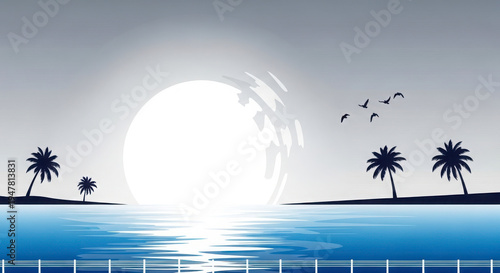 Serene tropical sunset over calm ocean waters with silhouetted palm trees and birds