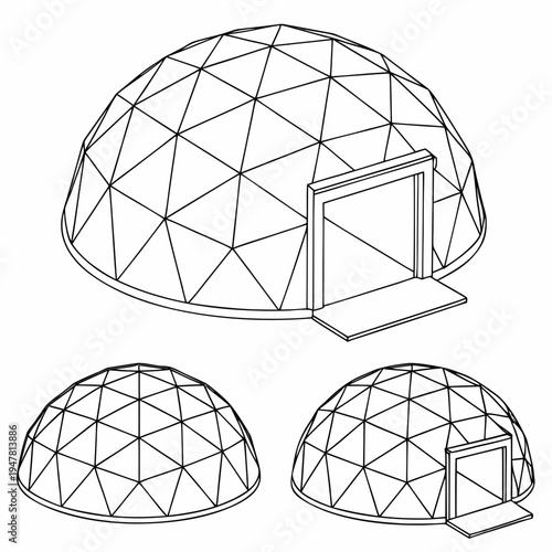 Vector illustration icons of geodesic dome structures in various stages of complexity on a white background
