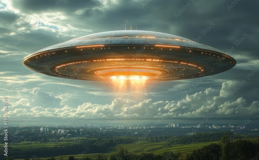 Obraz premium massive metallic saucer-shaped spacecraft hovers over green fields and distant city under stormy clouds, casting a glowing orange beam and evoking awe and foreboding