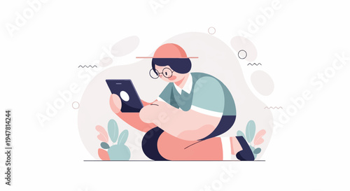 Person in hat and glasses focused on digital tablet in abstract setting