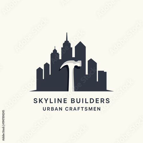 Skyline Builders Urban Craftsmen Hammer and City Skyline Construction Logo on a Light Grey Background