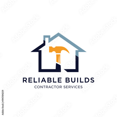 Modern House and Hammer Logo for Reliable Builds Contractor Services on Isolated White Background