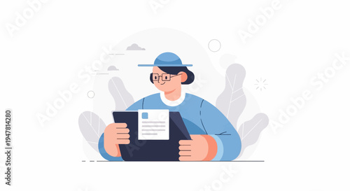 Person in hat and glasses holds document folder in minimalist style