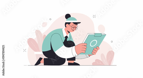 Person in hat and glasses studies a clipboard with a circle on it