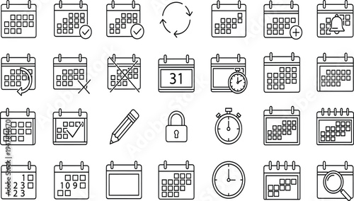 Black Line Calendar Icon Set for Event Scheduling, Time Management, Appointment Planning, Deadline Reminders, Business Organizers, Digital Planners, and Project.