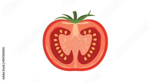 A fresh red tomato cut in half, showing the juicy pulp and seeds inside, illustrated in a simple flat design style and isolated on white.