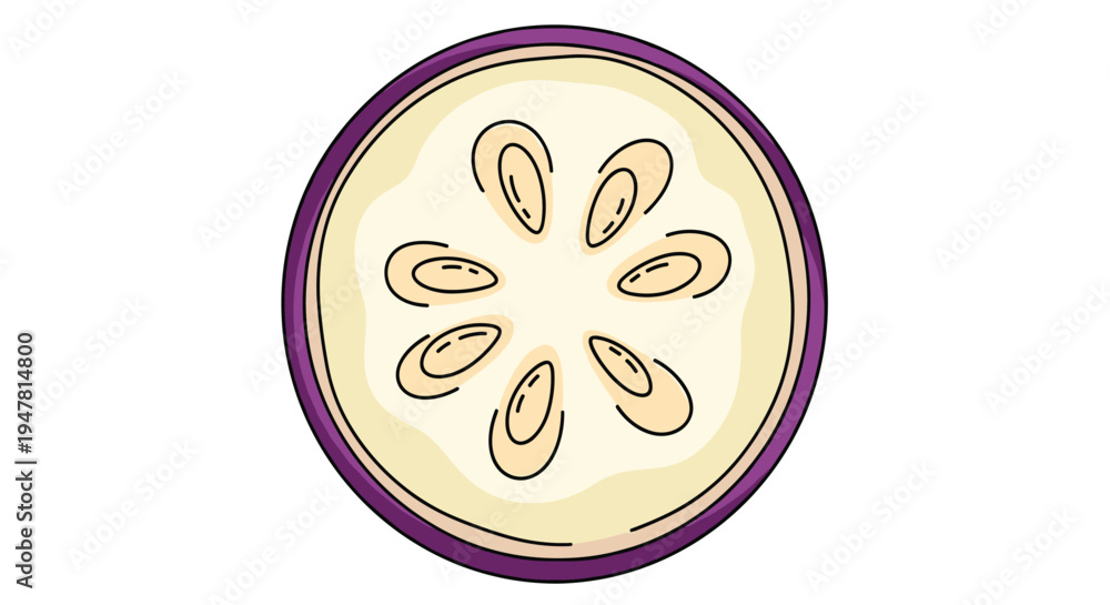 Obraz premium A simple colored illustration of a single round slice of an eggplant or aubergine, showing the pale flesh and seeds in a clean line art style.