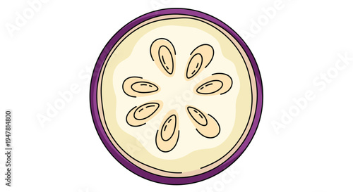 A simple colored illustration of a single round slice of an eggplant or aubergine, showing the pale flesh and seeds in a clean line art style.